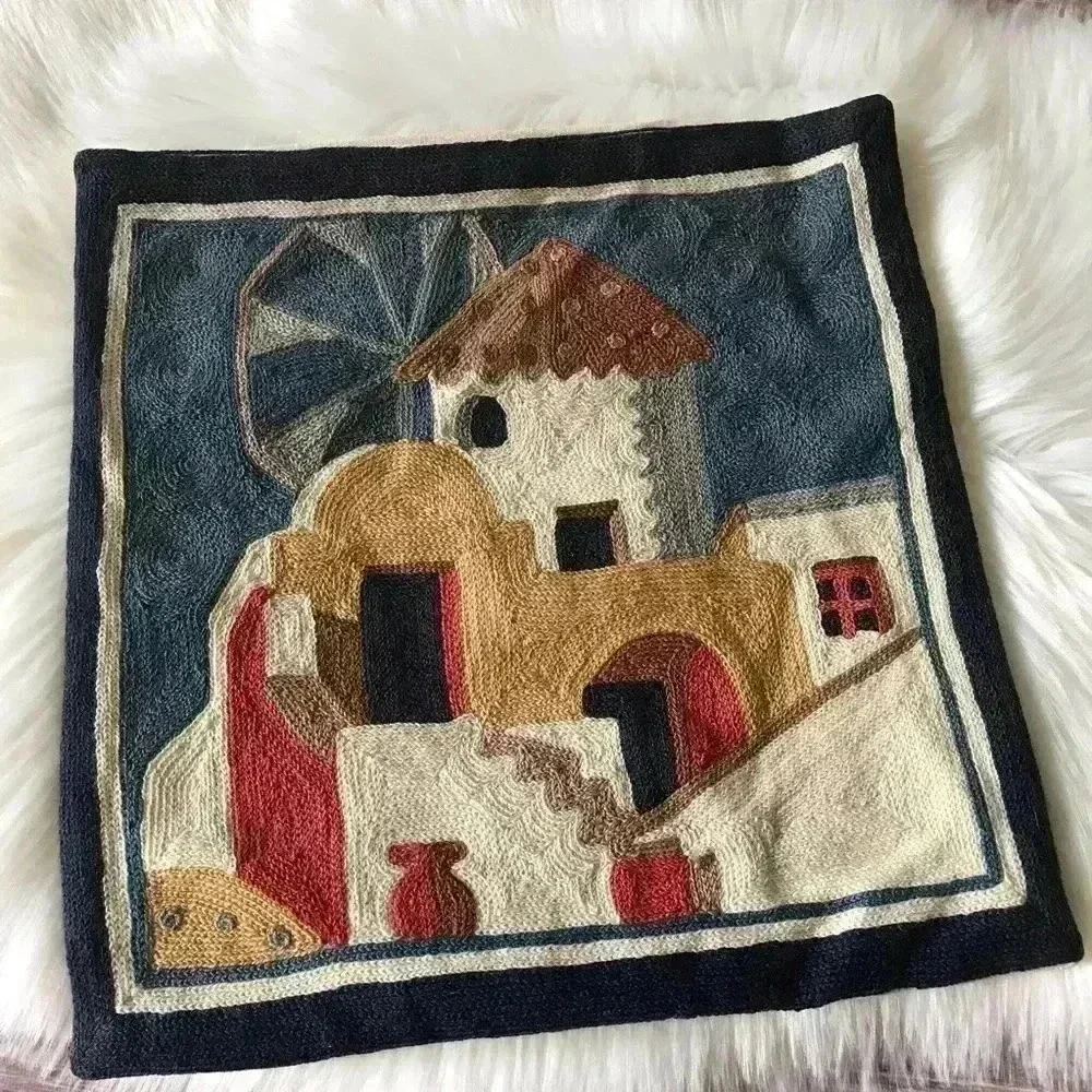 Vintage Hand Made Embroidered Wool Knit Pillow